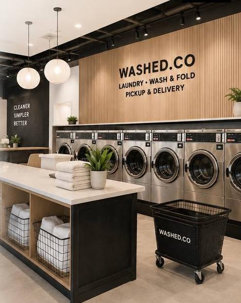 The Washed.co laundromat interior — rows of washers, folding island, and pickup & delivery cart